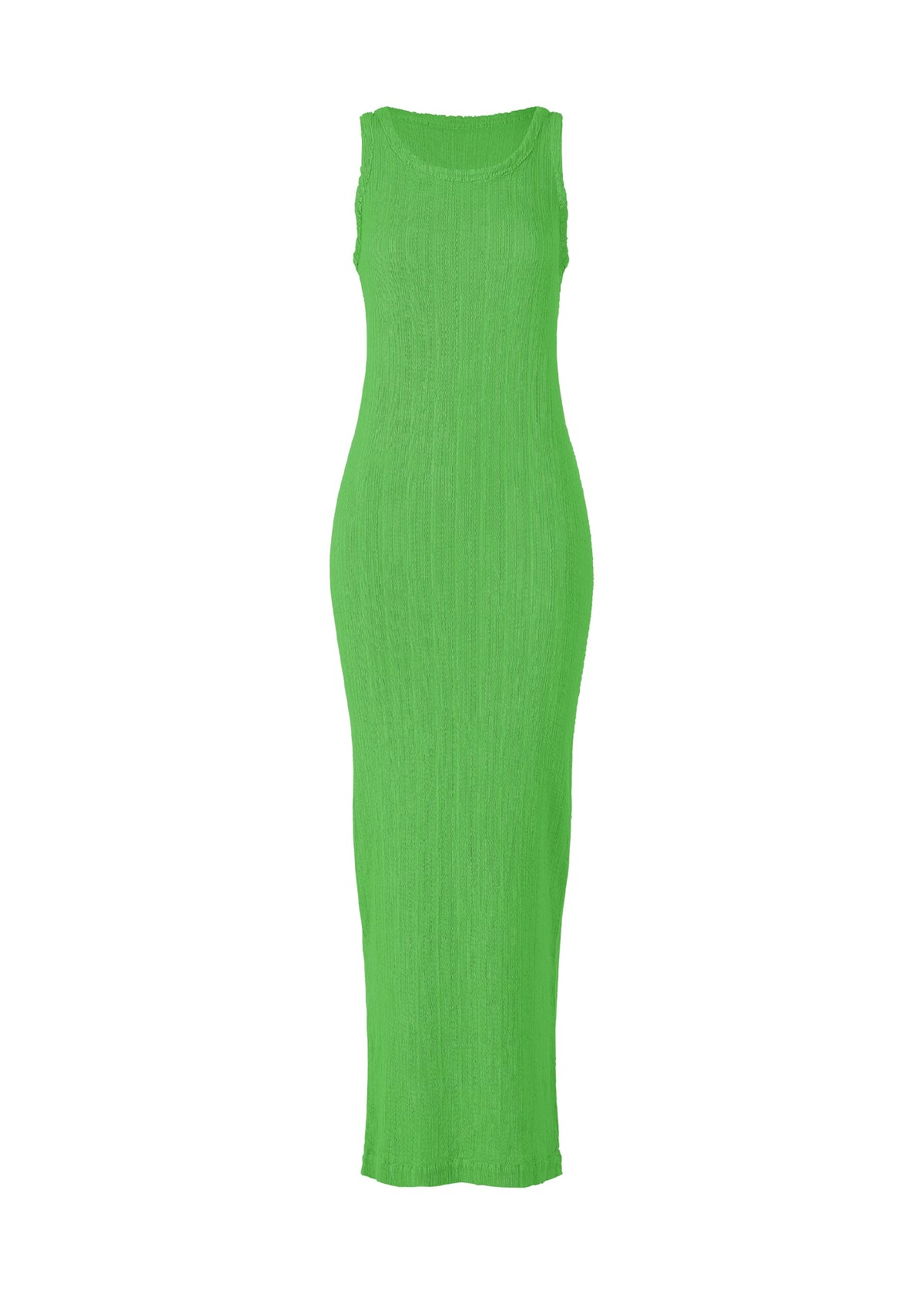 The RILL by ISSEY MIYAKE is a sleeveless, form-fitting, ankle-length dress crafted from bright green ribbed and pleated fabric, shown against a plain white background. view 2 of 6