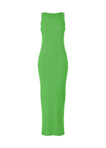 The RILL by ISSEY MIYAKE is a sleeveless, form-fitting, ankle-length dress crafted from bright green ribbed and pleated fabric, shown against a plain white background. - GREEN （no.62）