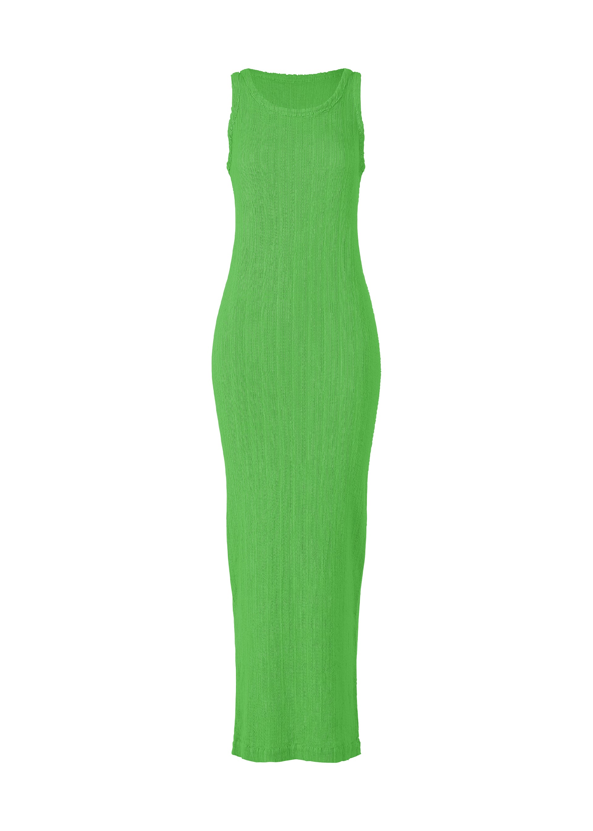 Zoomed view The RILL by ISSEY MIYAKE is a sleeveless, form-fitting, ankle-length dress crafted from bright green ribbed and pleated fabric, shown against a plain white background. - GREEN （no.62）