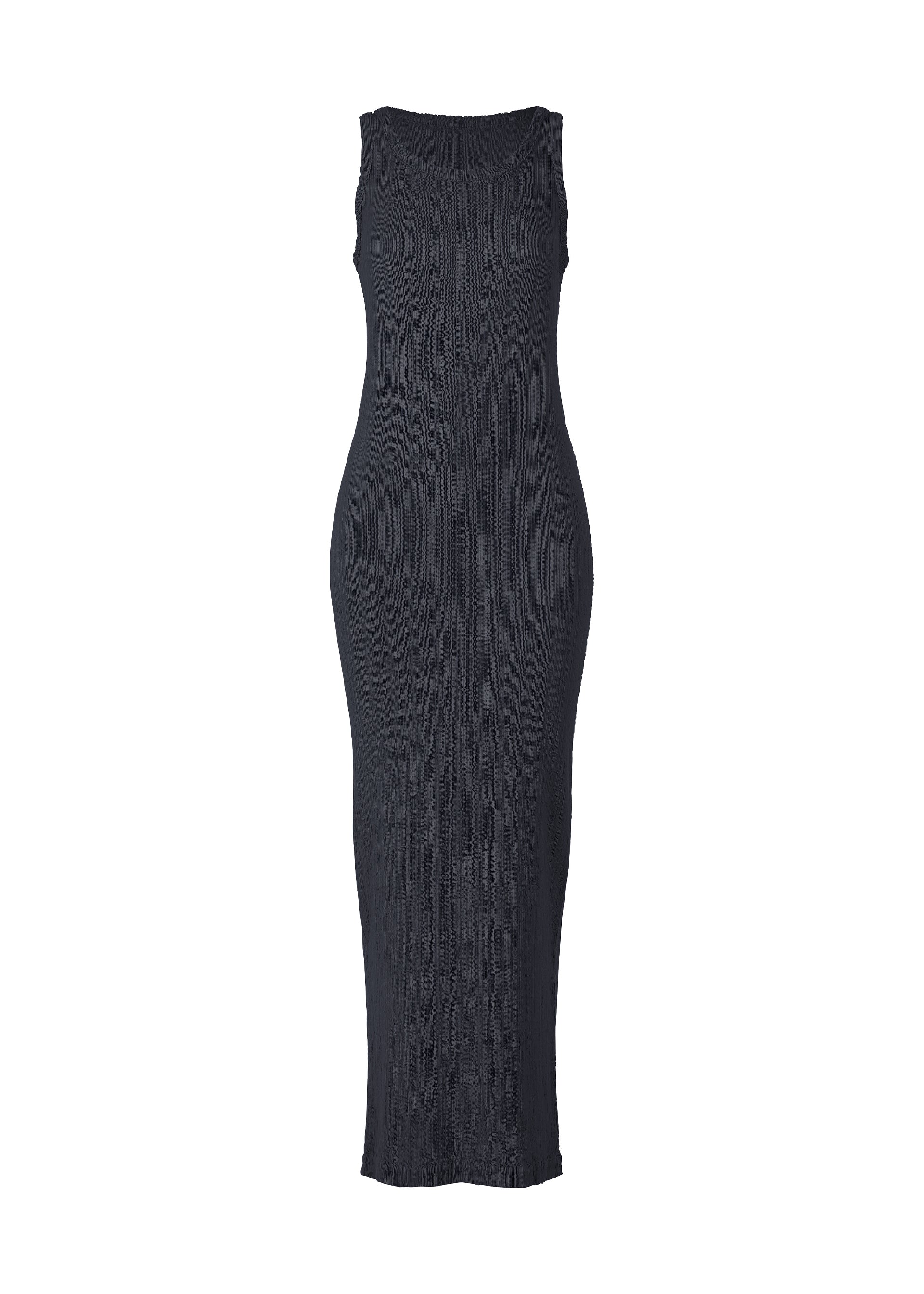 Zoomed view The RILL dress by ISSEY MIYAKE is a sleeveless, form-fitting black maxi made from ribbed, pleated fabric with a round neckline, displayed on a plain white background. - DARK NAVY （no.78）