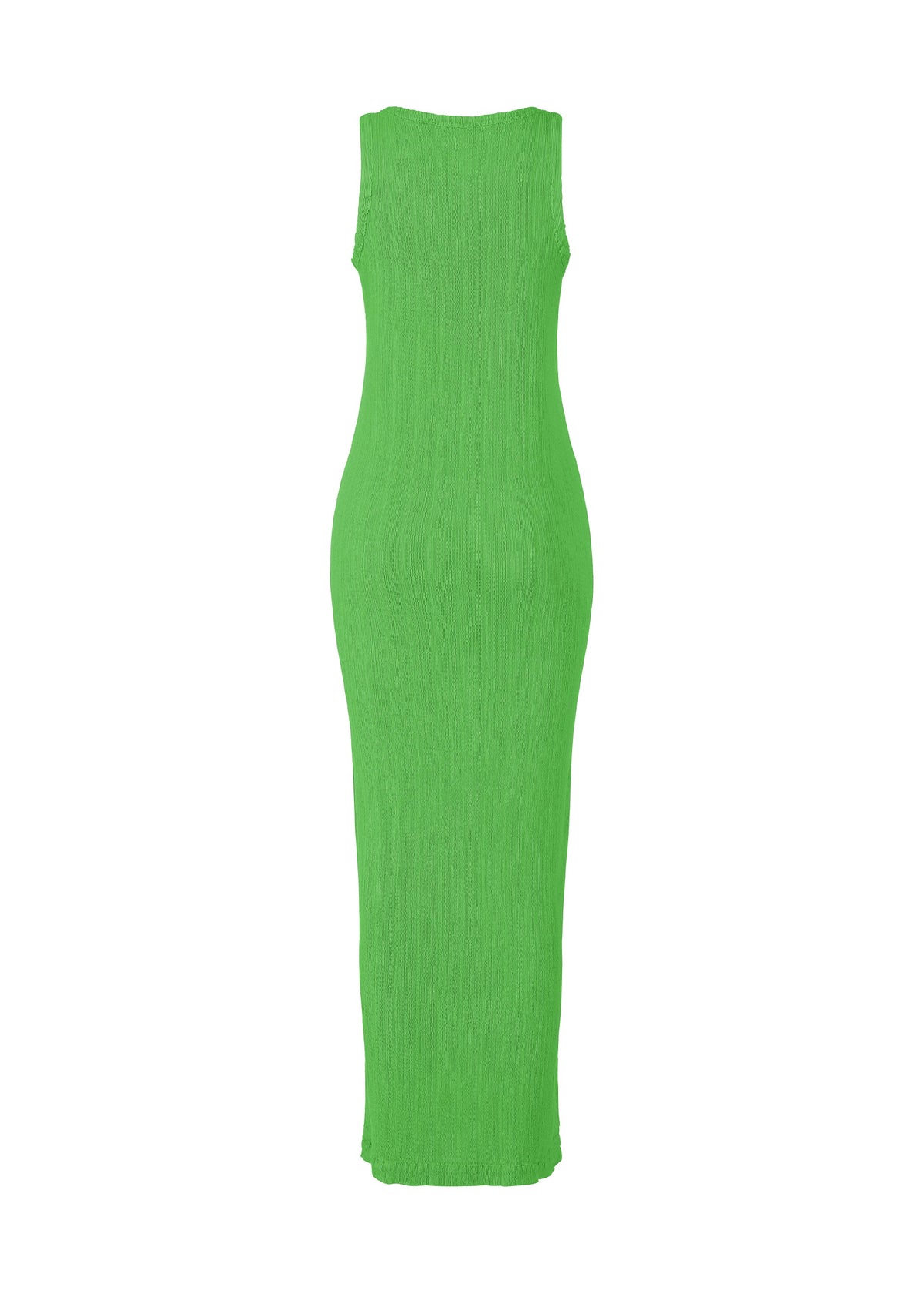 The ISSEY MIYAKE RILL is a bright green, sleeveless, form-fitting midi dress with a ribbed texture created by garment-dyeing. Shown on a plain white background, its design is simple and elegant, with no visible embellishments. view 4 of 6