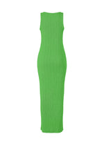 The ISSEY MIYAKE RILL is a bright green, sleeveless, form-fitting midi dress with a ribbed texture created by garment-dyeing. Shown on a plain white background, its design is simple and elegant, with no visible embellishments.