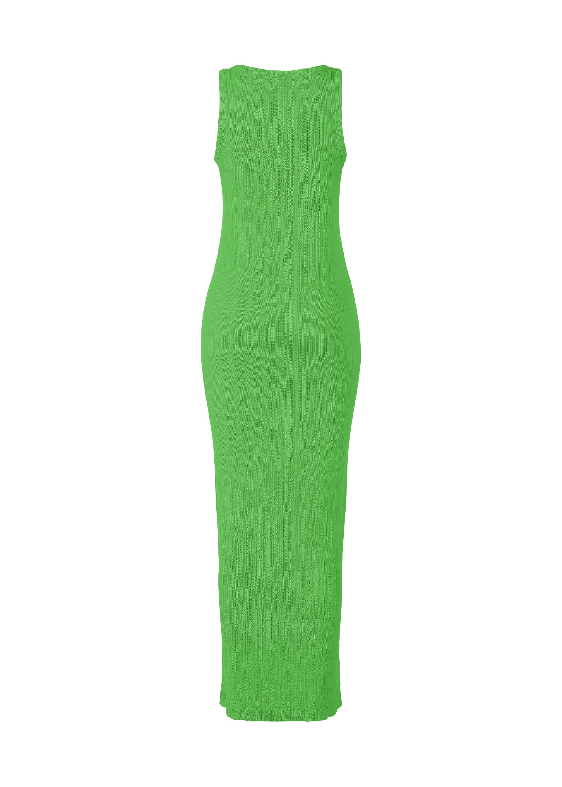 Zoomed view The ISSEY MIYAKE RILL is a bright green, sleeveless, form-fitting midi dress with a ribbed texture created by garment-dyeing. Shown on a plain white background, its design is simple and elegant, with no visible embellishments.