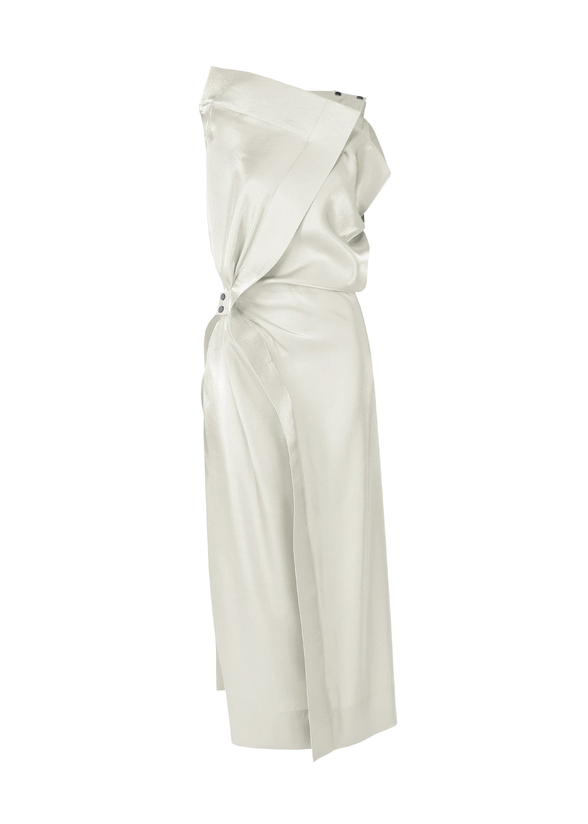 Side view of MERCURY by ISSEY MIYAKE: an elegant, asymmetrical Italian cloth dress in light ivory satin with a draped design, waist gathering, button details, and a midi hem—ideal for special occasions. view 1 of 7
