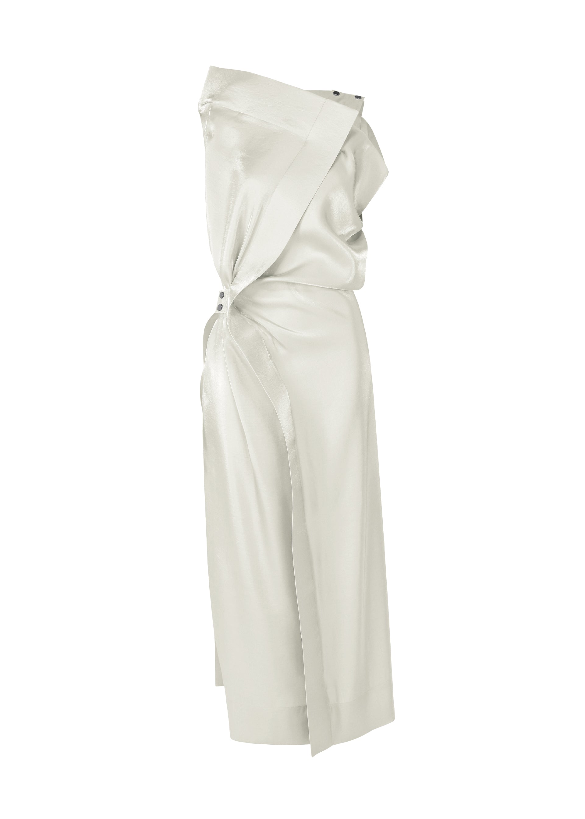 Zoomed view Side view of MERCURY by ISSEY MIYAKE: an elegant, asymmetrical Italian cloth dress in light ivory satin with a draped design, waist gathering, button details, and a midi hem—ideal for special occasions. - LIGHT GRAY （no.11）