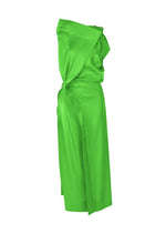 The ISSEY MIYAKE MERCURY dress is a vibrant green, sleeveless, asymmetrical special occasion piece with a draped wrap design and gathered waist detail, shown on a white background. - GREEN （no.62）