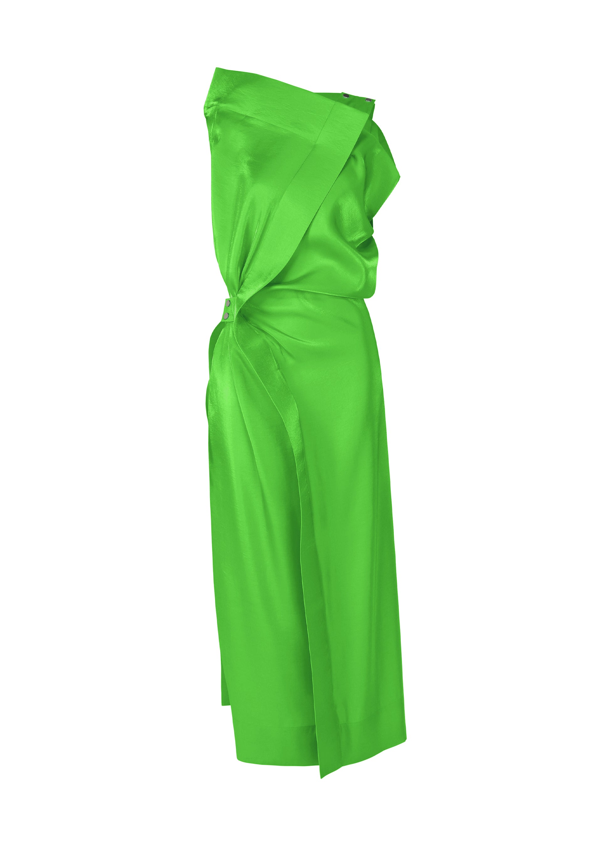 Zoomed view The ISSEY MIYAKE MERCURY dress is a vibrant green, sleeveless, asymmetrical special occasion piece with a draped wrap design and gathered waist detail, shown on a white background. - GREEN （no.62）