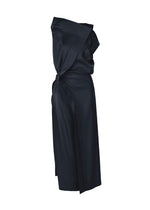 The ISSEY MIYAKE MERCURY dress is a sleeveless navy blue satin special occasion piece with an asymmetrical neckline and draped waist, shown against a white background. - DARK NAVY （no.78）