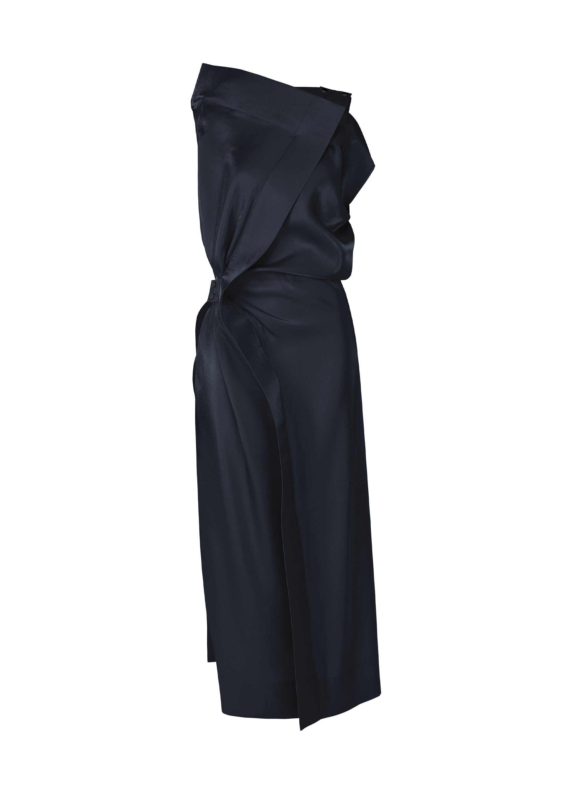 Zoomed view The ISSEY MIYAKE MERCURY dress is a sleeveless navy blue satin special occasion piece with an asymmetrical neckline and draped waist, shown against a white background. - DARK NAVY （no.78）
