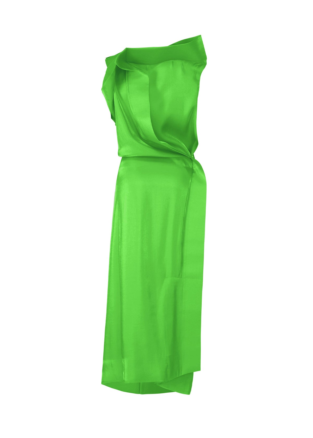 The ISSEY MIYAKE MERCURY is a vibrant, sleeveless lime green satin dress with an asymmetrical neckline, draped gathered waist, and smooth Italian fabric for a modern, elegant silhouette. view 4 of 7