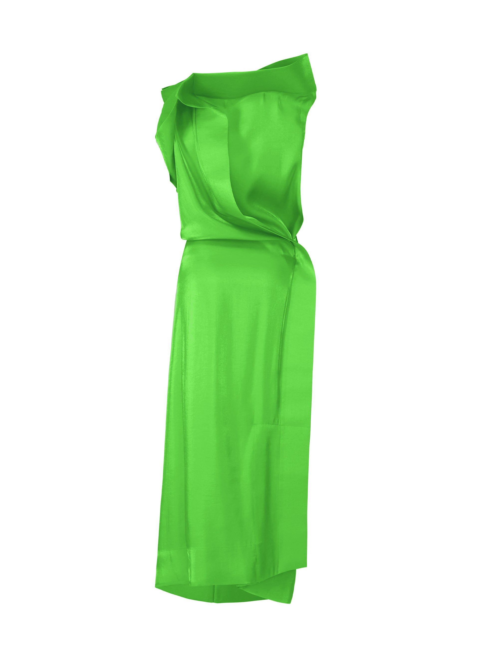 Zoomed view The ISSEY MIYAKE MERCURY is a vibrant, sleeveless lime green satin dress with an asymmetrical neckline, draped gathered waist, and smooth Italian fabric for a modern, elegant silhouette.