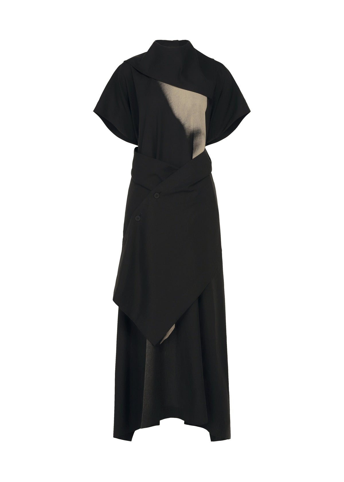 The HANDS OF LOVER dress by ISSEY MIYAKE is a black, short-sleeve poplin design featuring an asymmetrical tan accent on the chest and an overlapping, layered skirt with a subtle abstract pattern, shown against a white background. view 1 of 6