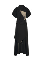 The HANDS OF LOVER dress by ISSEY MIYAKE is a black, short-sleeve poplin design featuring an asymmetrical tan accent on the chest and an overlapping, layered skirt with a subtle abstract pattern, shown against a white background. - BLACK-HUED （no.17）