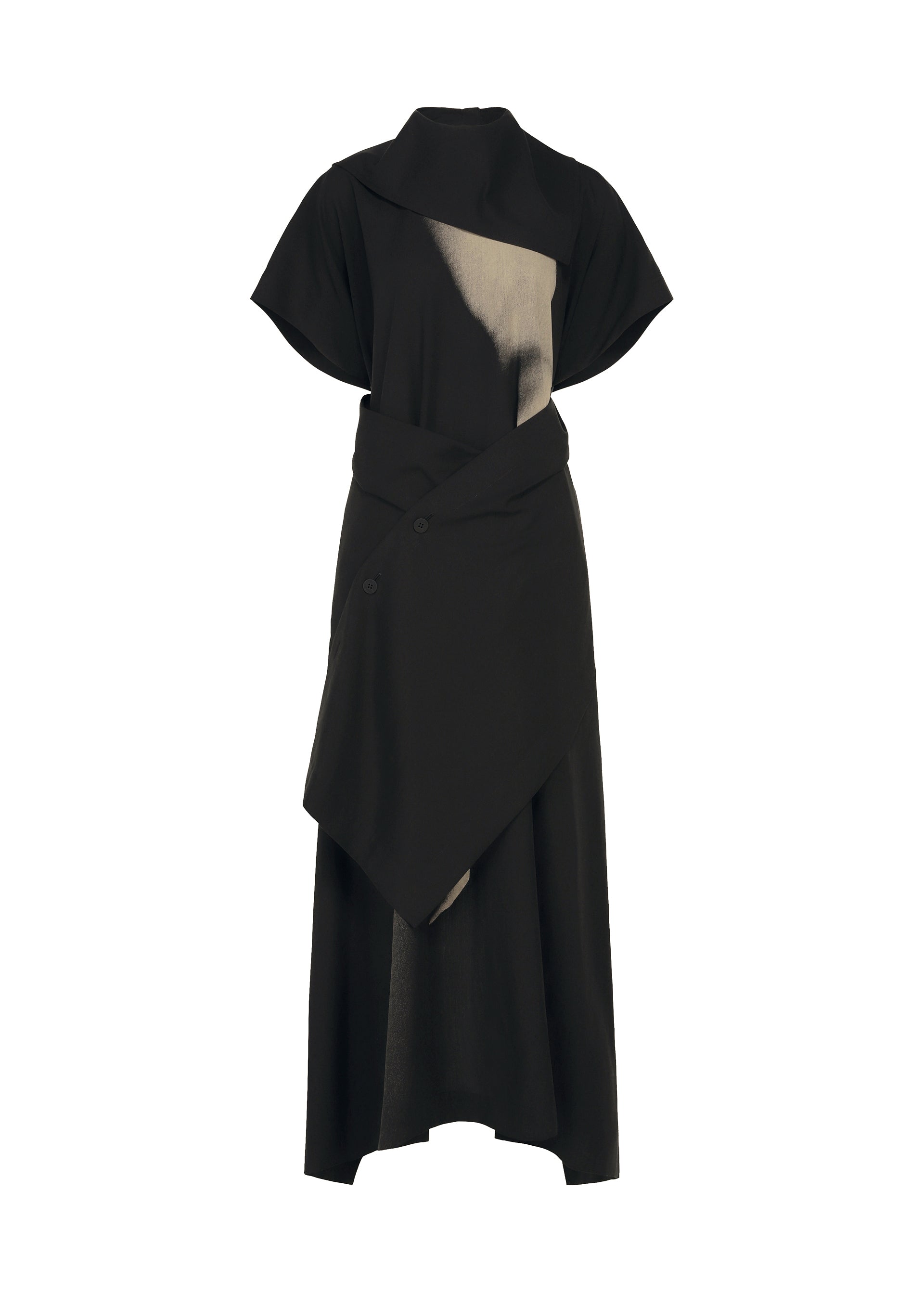 Zoomed view The HANDS OF LOVER dress by ISSEY MIYAKE is a black, short-sleeve poplin design featuring an asymmetrical tan accent on the chest and an overlapping, layered skirt with a subtle abstract pattern, shown against a white background. - BLACK-HUED （no.17）