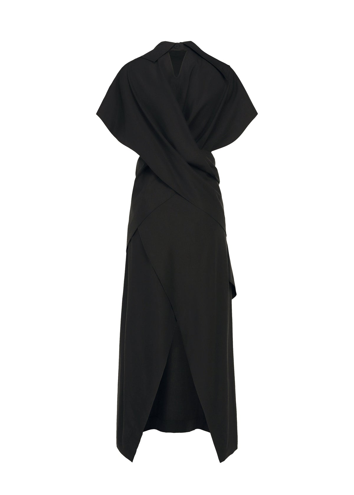 Introducing HANDS OF LOVER by ISSEY MIYAKE—a black poplin dress featuring short sleeves, a draped layered silhouette, and a V-shaped front skirt slit. Its subtle abstract pattern adds an element of visual intrigue to the design. view 2 of 6