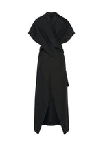Introducing HANDS OF LOVER by ISSEY MIYAKE—a black poplin dress featuring short sleeves, a draped layered silhouette, and a V-shaped front skirt slit. Its subtle abstract pattern adds an element of visual intrigue to the design.