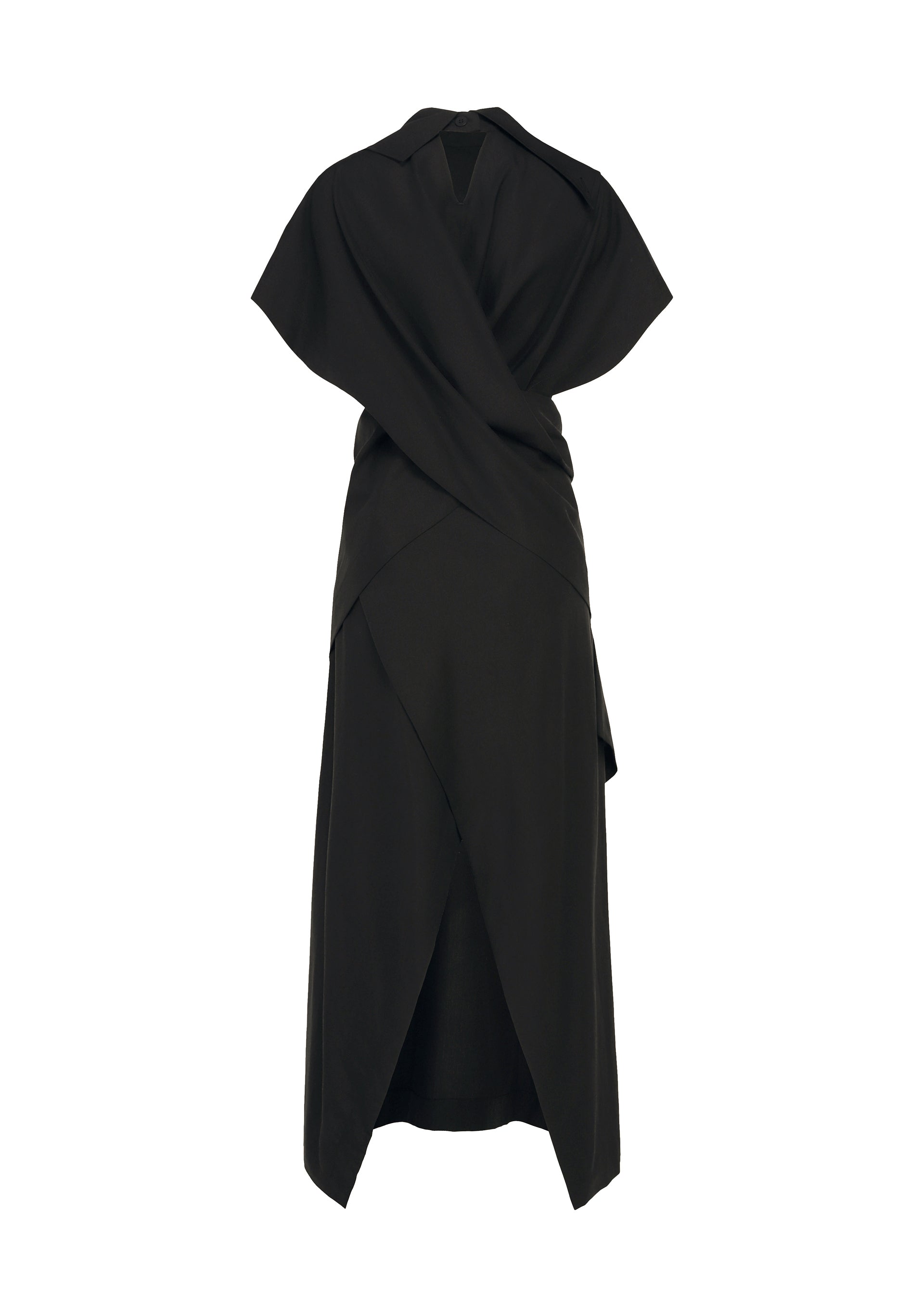 Zoomed view Introducing HANDS OF LOVER by ISSEY MIYAKE—a black poplin dress featuring short sleeves, a draped layered silhouette, and a V-shaped front skirt slit. Its subtle abstract pattern adds an element of visual intrigue to the design.