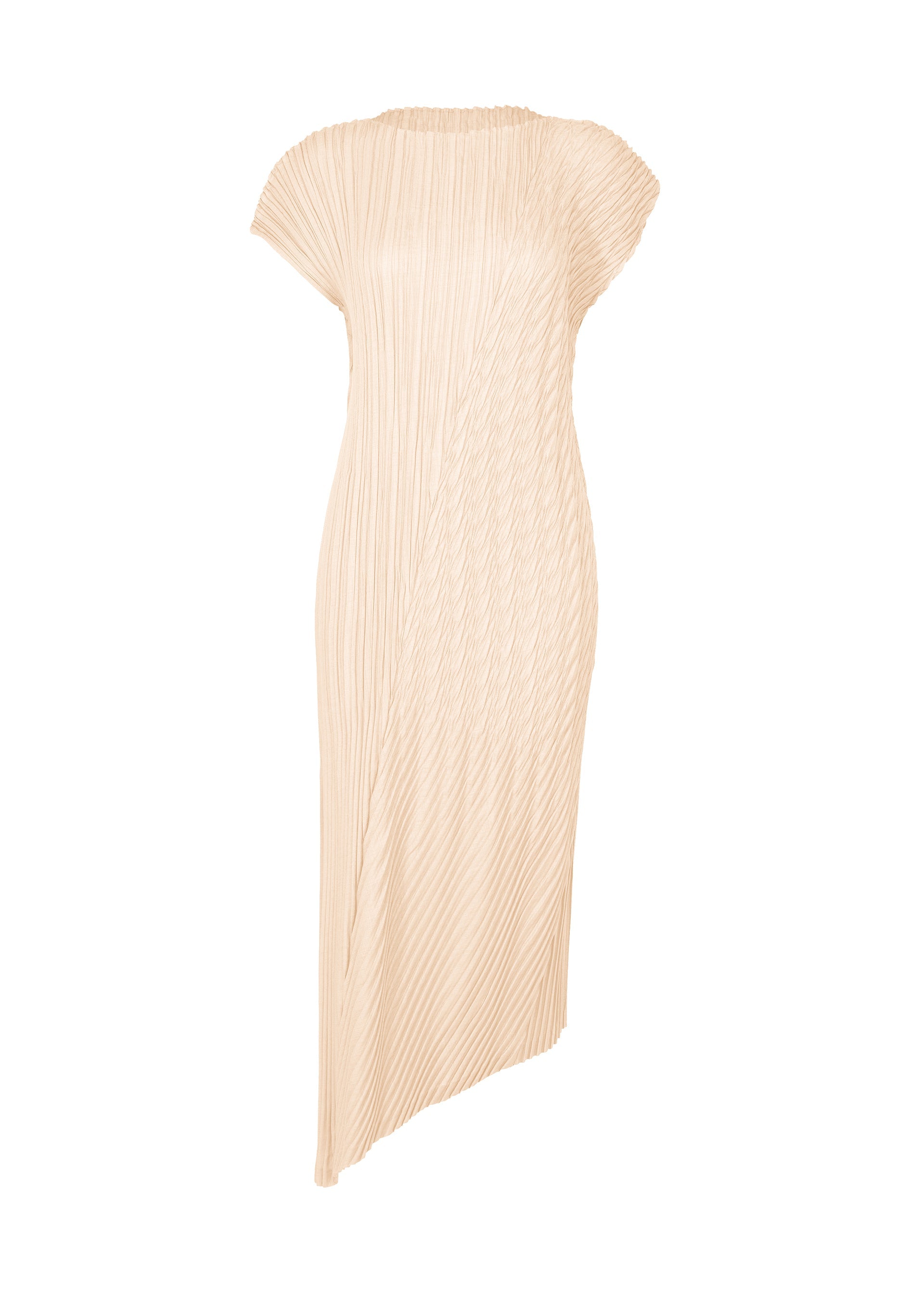 Zoomed view The UNFURLING PLEATS by ISSEY MIYAKE is a beige pleated midi dress with short sleeves, a round neck, an asymmetrical hem, and Keshi pleats featuring a textured pattern of vertical and diagonal stripes. - OFF-WHITE （no.02）