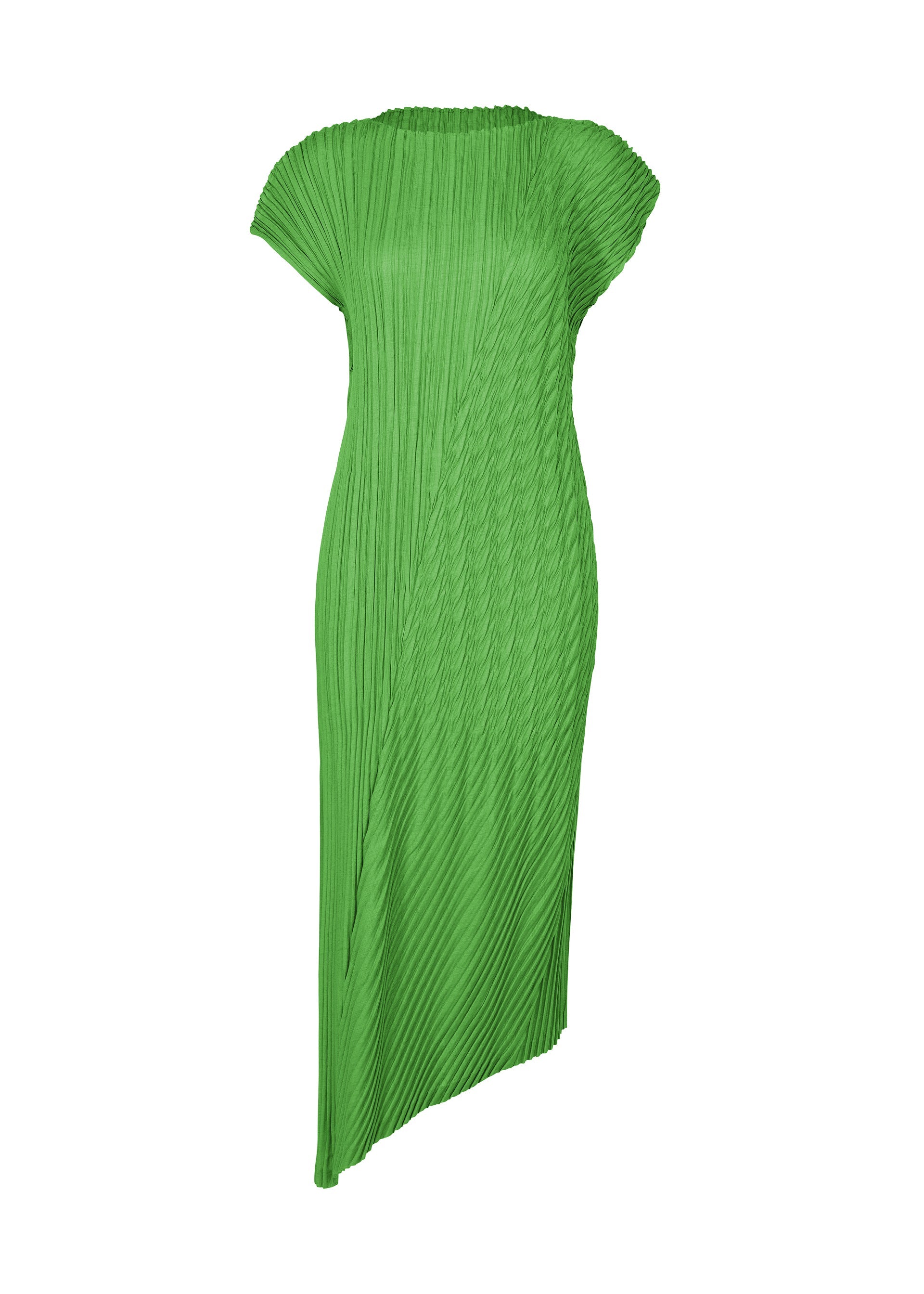 Zoomed view UNFURLING PLEATS by ISSEY MIYAKE is a sleeveless, bright green round-neck dress with Keshi pleats, an asymmetrical hemline, fitted silhouette, and textured vertical lines. - GREEN （no.62）
