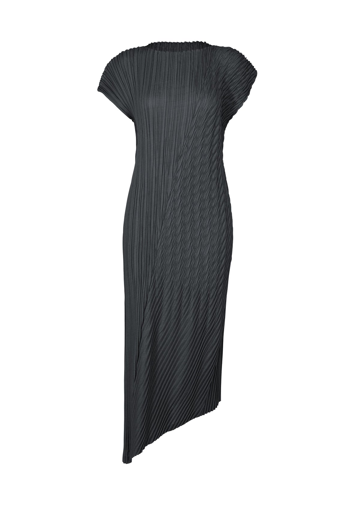 The UNFURLING PLEATS dress by ISSEY MIYAKE is a black, short-sleeved, round-neck design with Keshi pleats, a textured diagonal pattern, and an asymmetrical hemline for a modern look. view 3 of 6