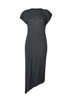 The UNFURLING PLEATS dress by ISSEY MIYAKE is a black, short-sleeved, round-neck design with Keshi pleats, a textured diagonal pattern, and an asymmetrical hemline for a modern look. - DARK NAVY （no.78）
