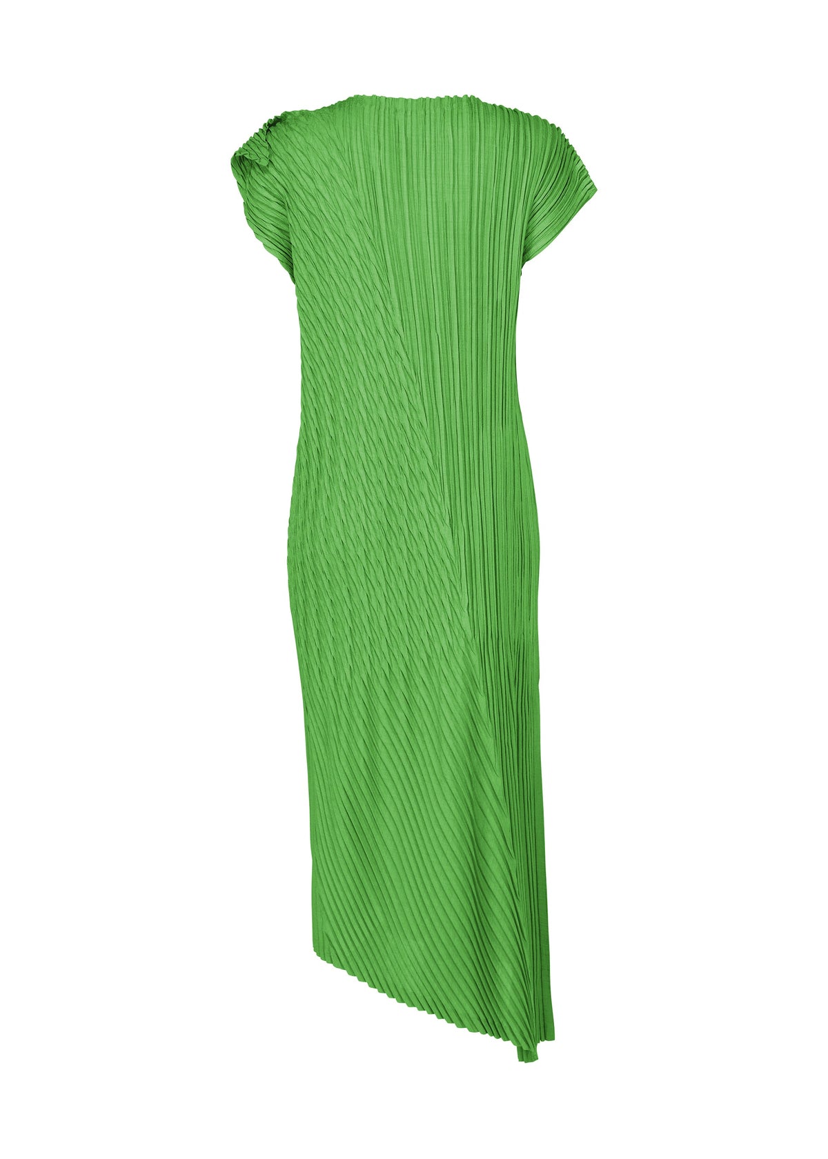The UNFURLING PLEATS dress by ISSEY MIYAKE is a green, short-sleeved, knee-length round-neck style with diagonal pleats and an asymmetrical hem, shown against a plain white background. view 4 of 6