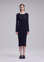 A person stands facing forward against a gray background, wearing the ISSEY MIYAKE HATCHING PLEATS long-sleeved black ribbed pleated dress with black shoes.