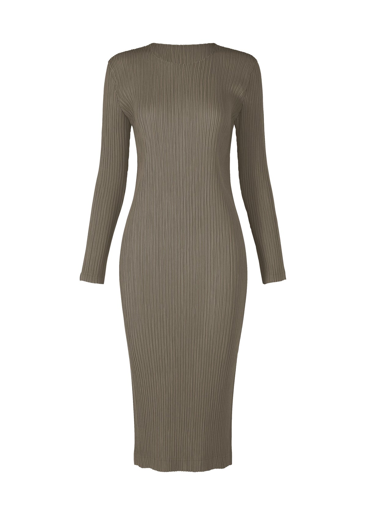 Zoomed view HATCHING PLEATS by ISSEY MIYAKE—a long-sleeved, olive green ribbed knit midi dress with a fitted silhouette and crew neckline in recycled polyester—displayed on a white background. - GRAY （no.12）