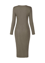The ISSEY MIYAKE HATCHING PLEATS is a long-sleeved, olive-green ribbed knit midi dress with a fitted silhouette and textured finish, shown on a plain white background.