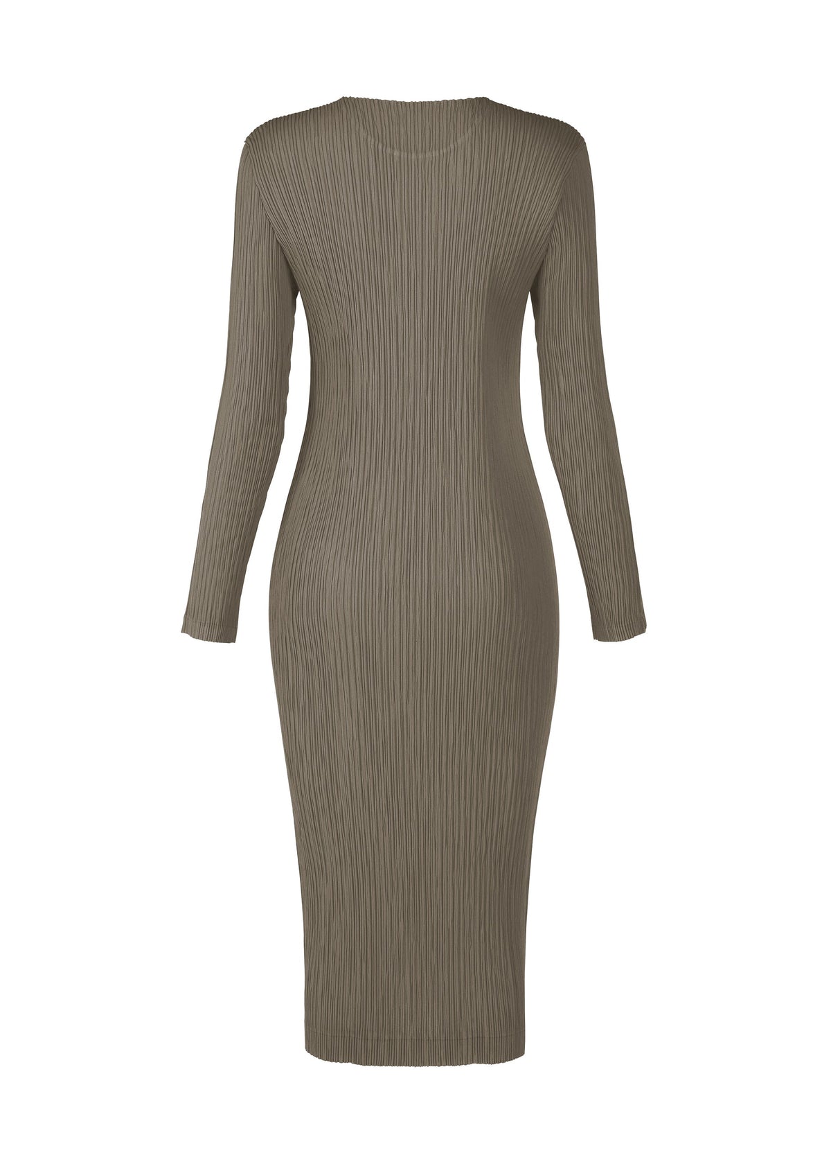 Zoomed view The ISSEY MIYAKE HATCHING PLEATS is a long-sleeved, olive-green ribbed knit midi dress with a fitted silhouette and textured finish, shown on a plain white background.