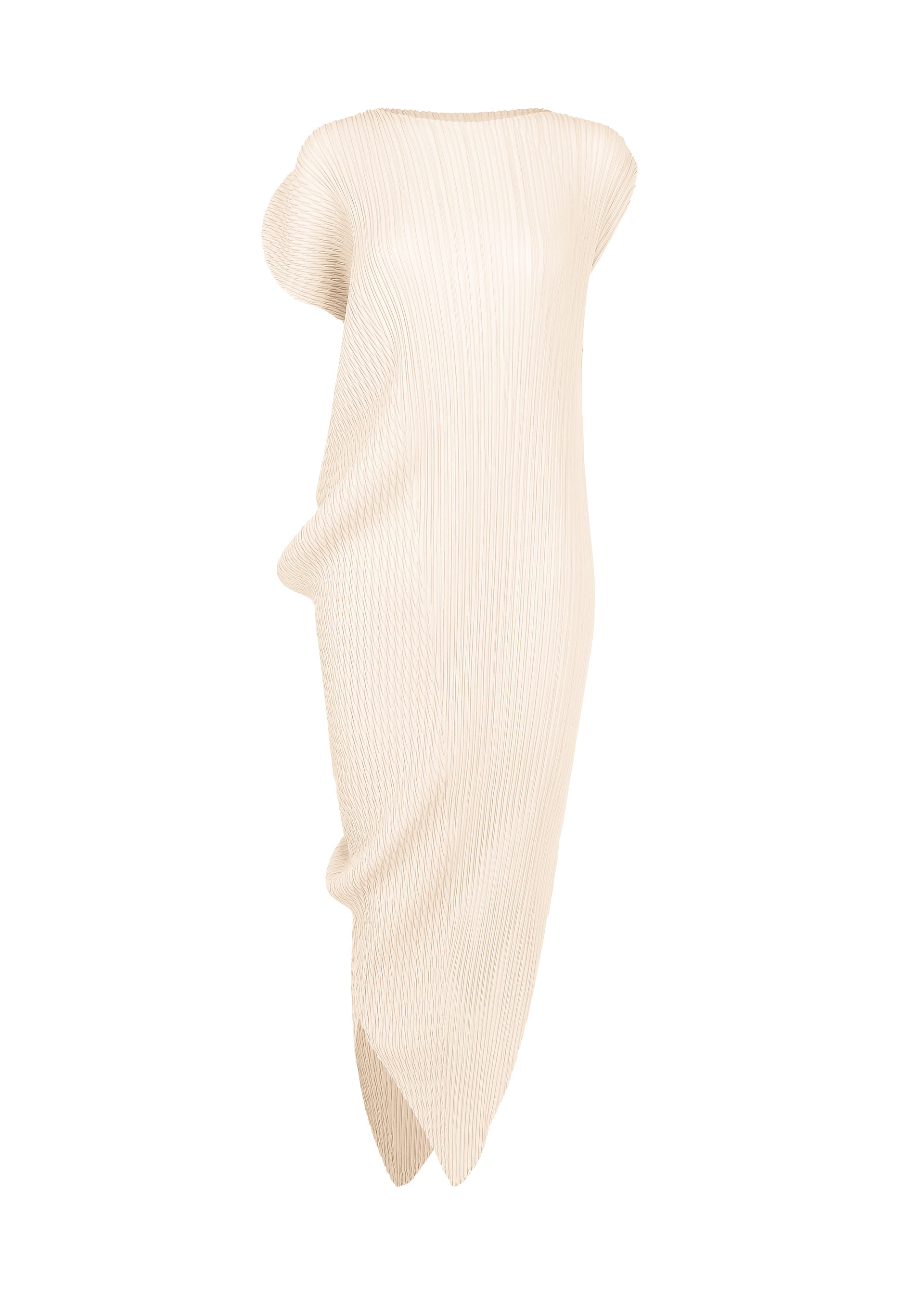 Zoomed view The LEAF PLEATS dress by ISSEY MIYAKE features a cream hue with double pleating, a round neckline, wide short sleeves, and a loose, asymmetrical silhouette. It is displayed against a white background. - OFF-WHITE （no.02）
