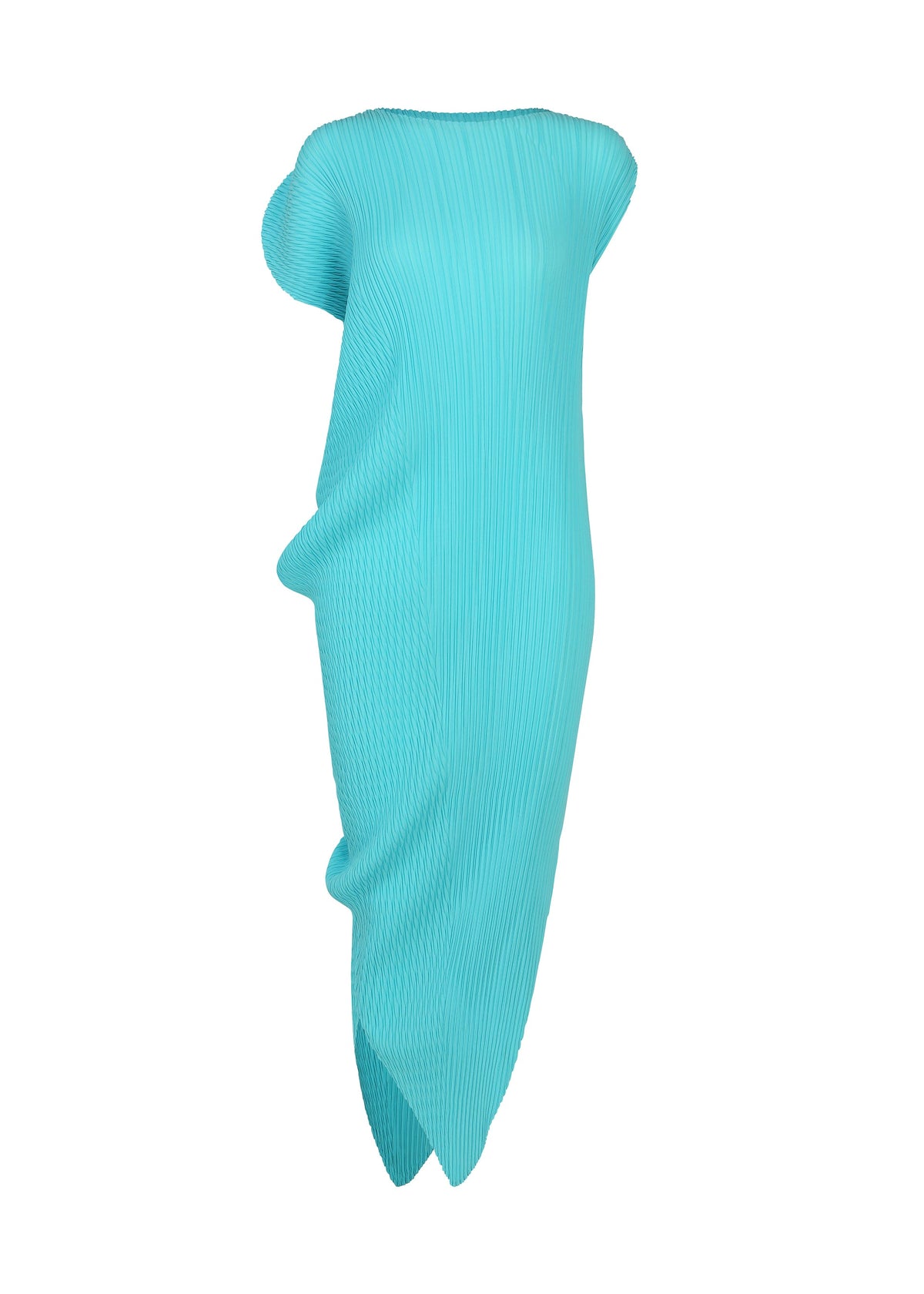 The LEAF PLEATS dress by ISSEY MIYAKE is a turquoise, pleated design with an asymmetrical, sculptural silhouette inspired by a leaf. Featuring draped, wavy folds and subtle double-pleating for added texture, the dress has a high neckline and is shown against a plain white background. view 2 of 7