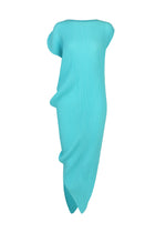 The LEAF PLEATS dress by ISSEY MIYAKE is a turquoise, pleated design with an asymmetrical, sculptural silhouette inspired by a leaf. Featuring draped, wavy folds and subtle double-pleating for added texture, the dress has a high neckline and is shown against a plain white background. - LIGHT BLUE （no.71）