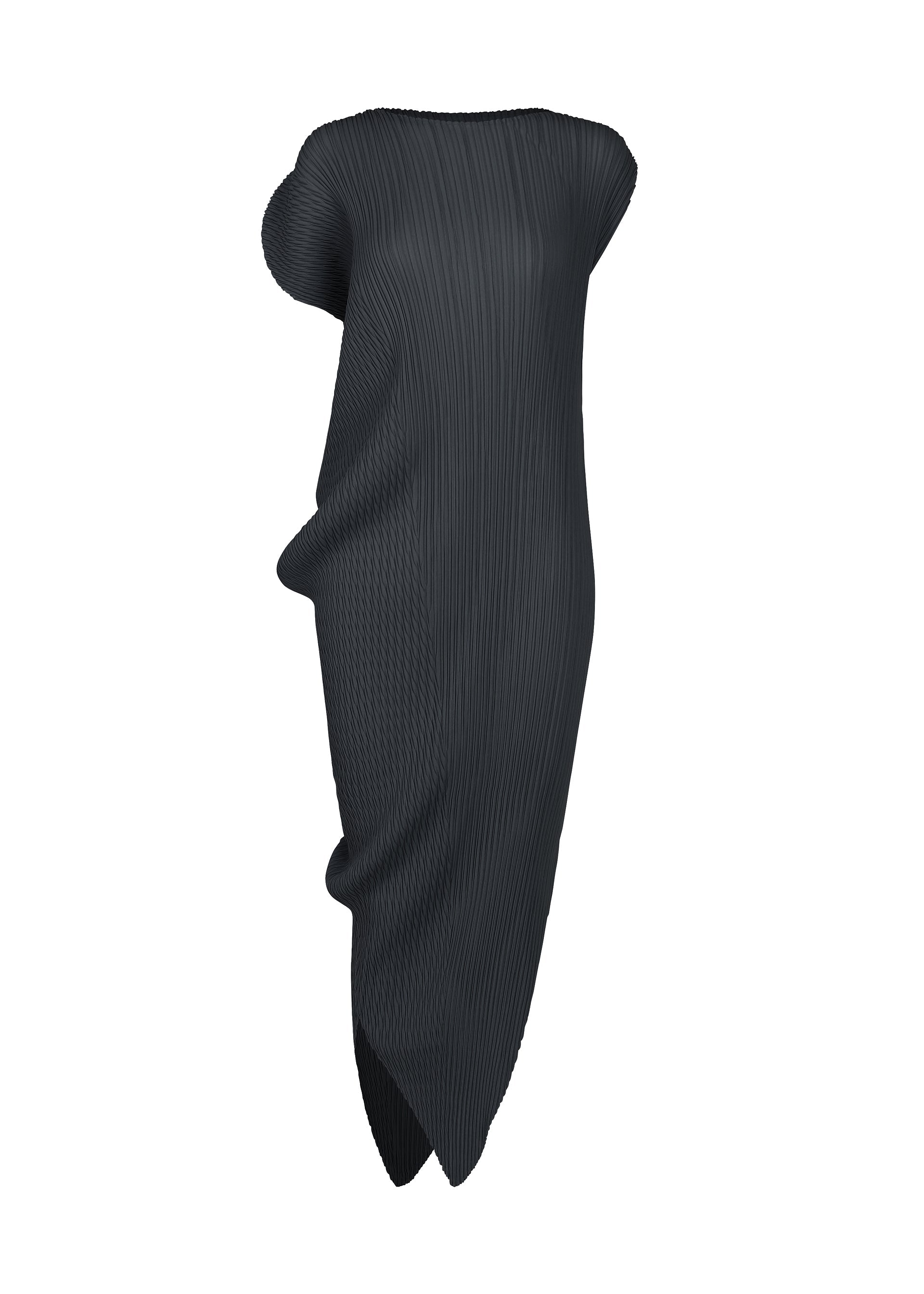 Zoomed view The LEAF PLEATS dress by ISSEY MIYAKE is a black, round-neck design showcasing double-pleating and an asymmetrical leaf-inspired silhouette with soft sculptural contours and distinctive draping, set against a plain white background. - DARK NAVY （no.78）
