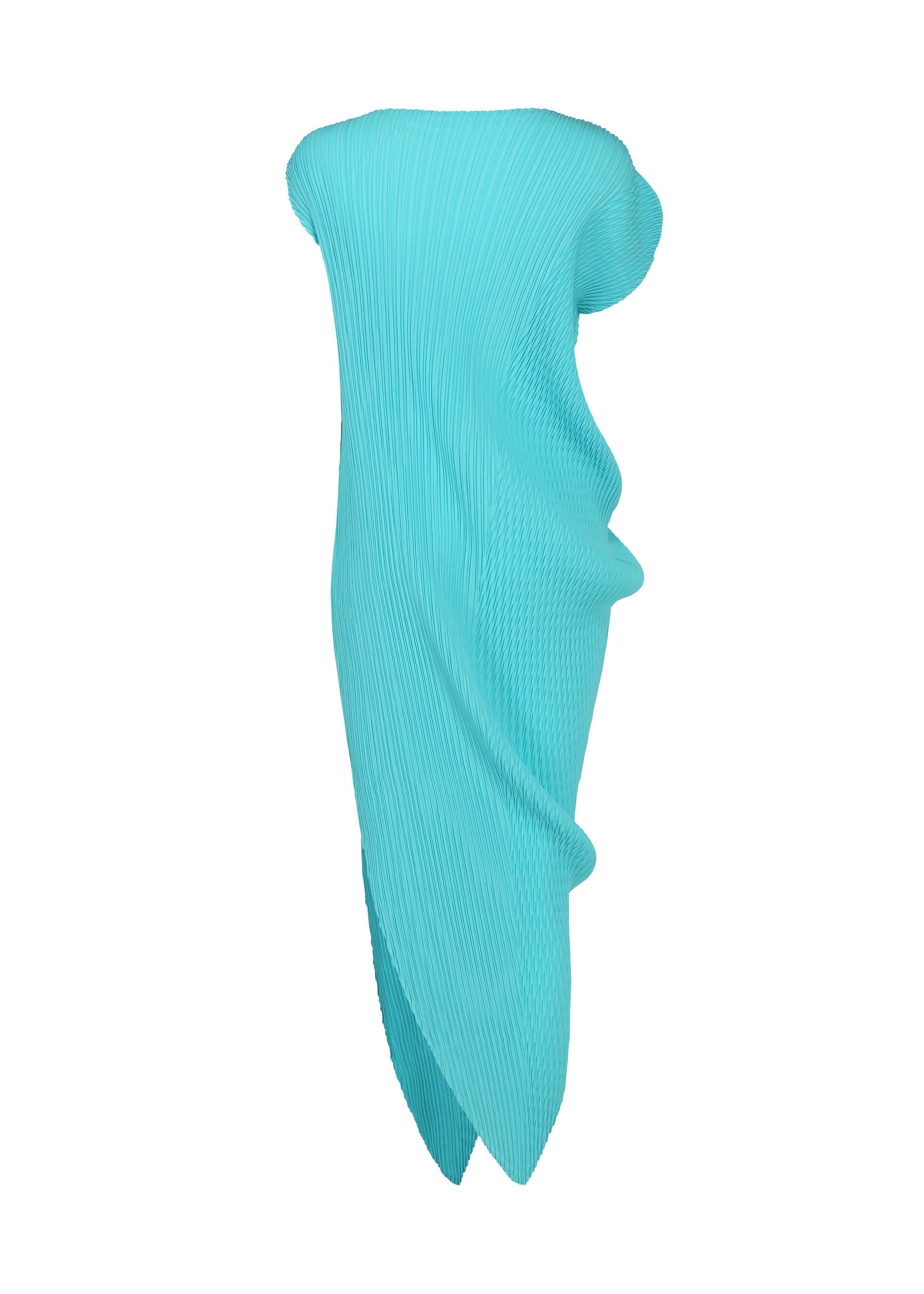 Zoomed view A turquoise, pleated, strapless dress with an asymmetrical hem and sculptural draping—its elegant double-pleating evokes the refined texture of a leaf silhouette—displayed on a white background.