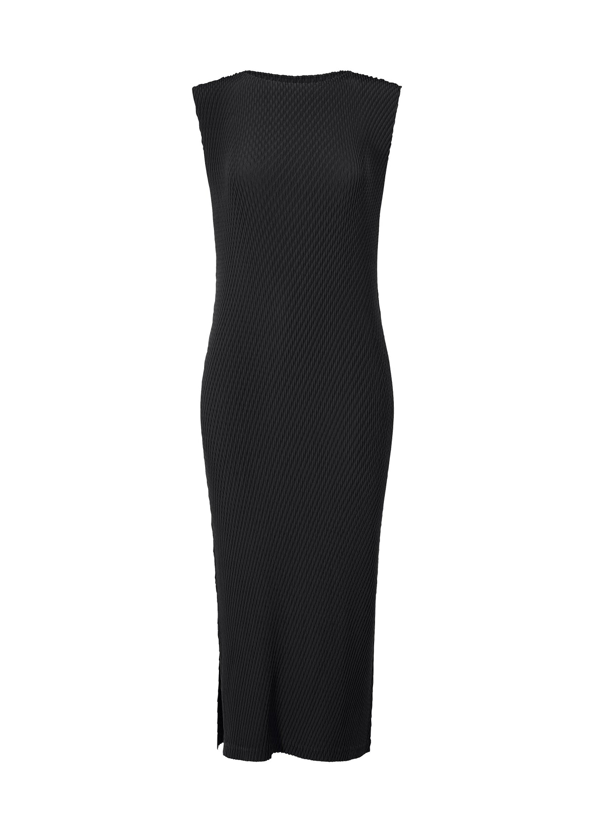 The RHOMBUS PLEATS by ISSEY MIYAKE is a sleeveless black midi dress with a fitted silhouette, straight neckline, and subtle textured pattern, shown against a plain white background. view 1 of 3