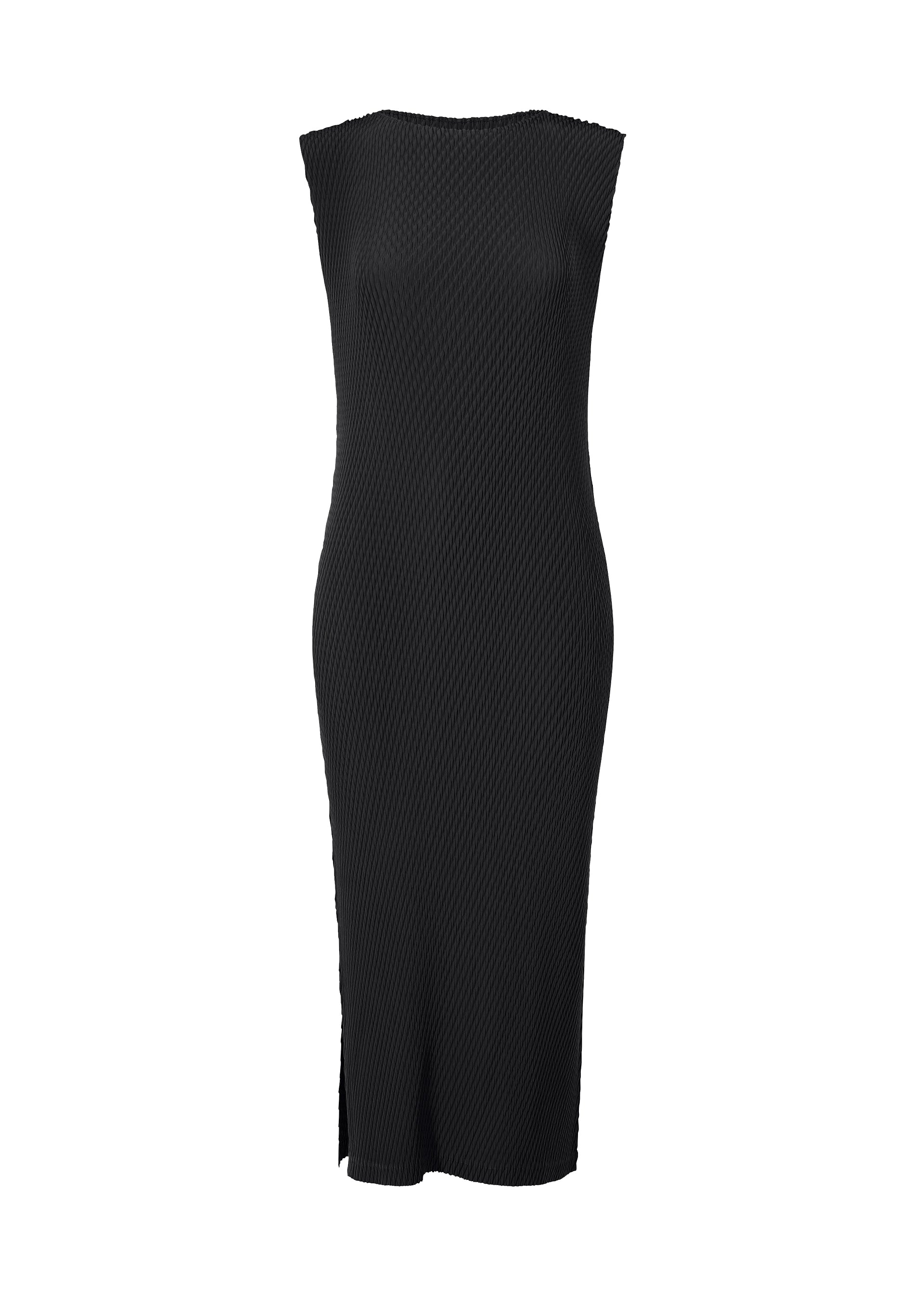 Zoomed view The RHOMBUS PLEATS by ISSEY MIYAKE is a sleeveless black midi dress with a fitted silhouette, straight neckline, and subtle textured pattern, shown against a plain white background. - BLACK （no.15）