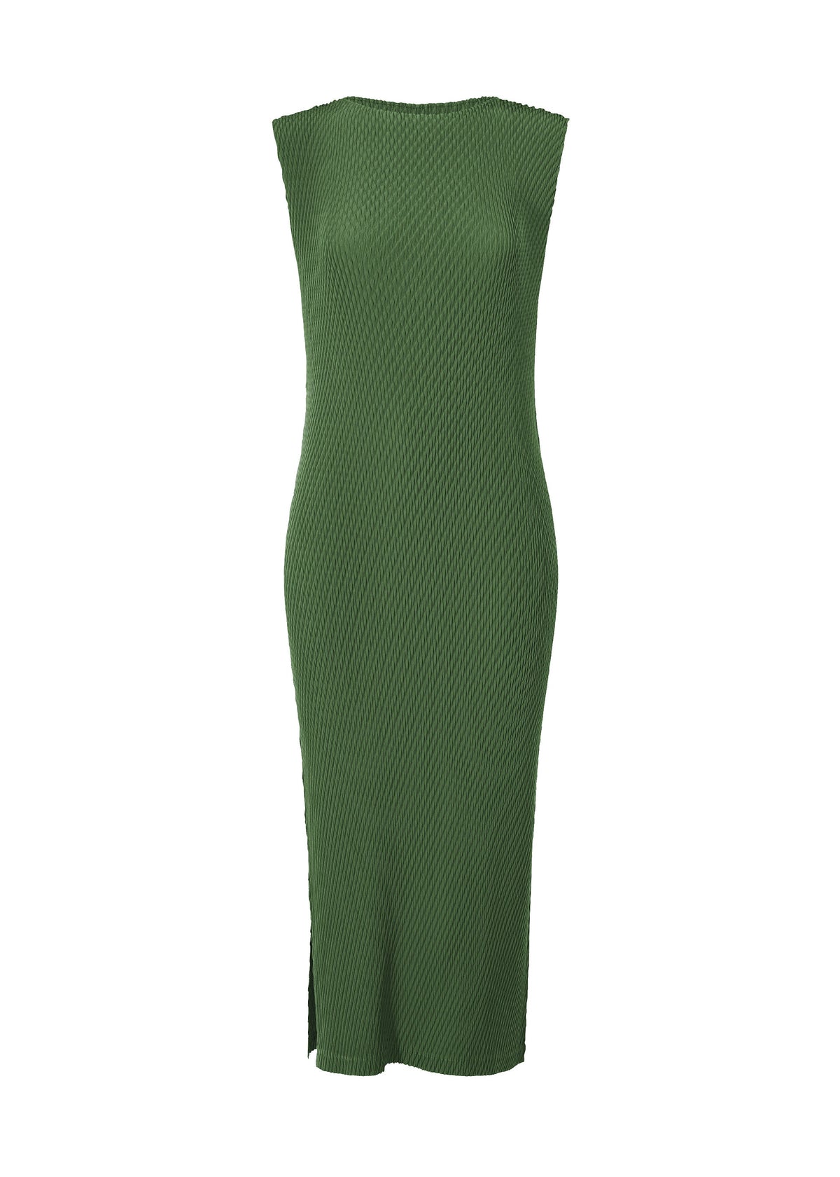 The RHOMBUS PLEATS by ISSEY MIYAKE is a sleeveless, fitted knee-length dress in textured olive green fabric with a subtle ribbed pattern, featuring a round neckline and a small side slit at the hem. view 2 of 3