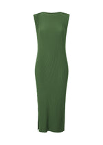 The RHOMBUS PLEATS by ISSEY MIYAKE is a sleeveless, fitted knee-length dress in textured olive green fabric with a subtle ribbed pattern, featuring a round neckline and a small side slit at the hem.