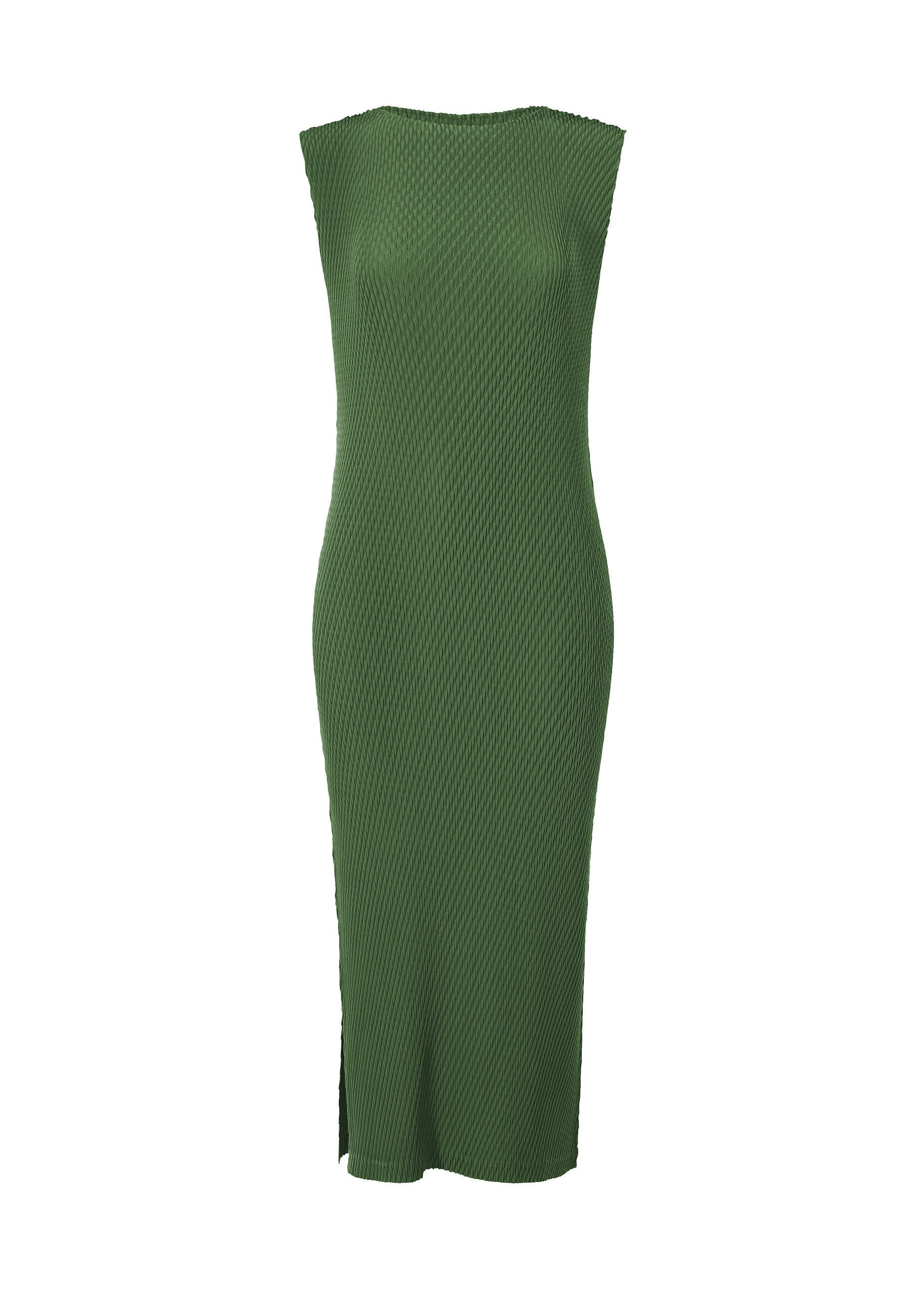 Zoomed view The RHOMBUS PLEATS by ISSEY MIYAKE is a sleeveless, fitted knee-length dress in textured olive green fabric with a subtle ribbed pattern, featuring a round neckline and a small side slit at the hem.
