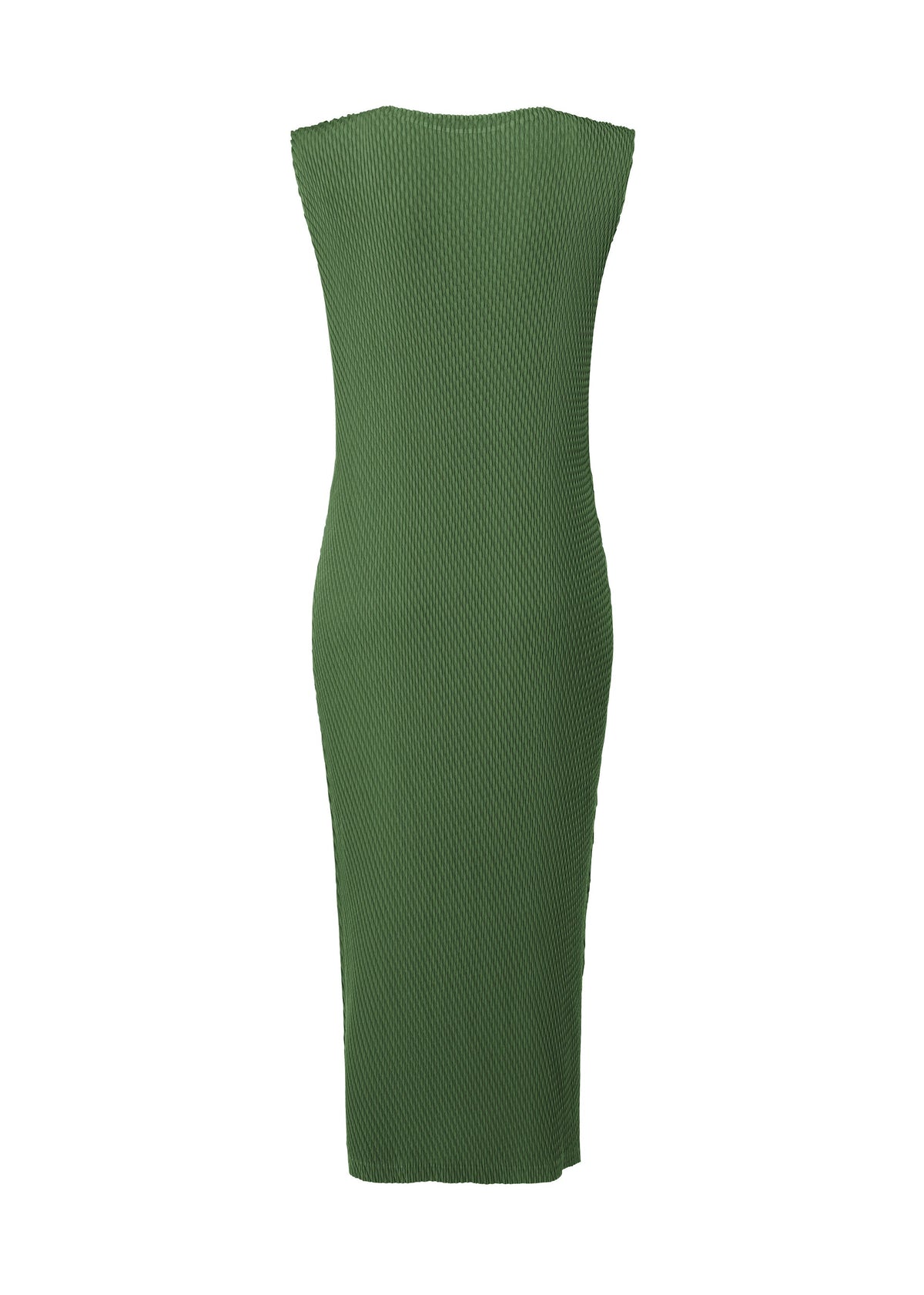 The RHOMBUS PLEATS dress by ISSEY MIYAKE is a fitted, knee-length green piece with a round neck and sleeveless design. Its sleek silhouette and ribbed texture are showcased from the back against a white background. view 2 of 4