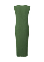 The RHOMBUS PLEATS dress by ISSEY MIYAKE is a fitted, knee-length green piece with a round neck and sleeveless design. Its sleek silhouette and ribbed texture are showcased from the back against a white background.
