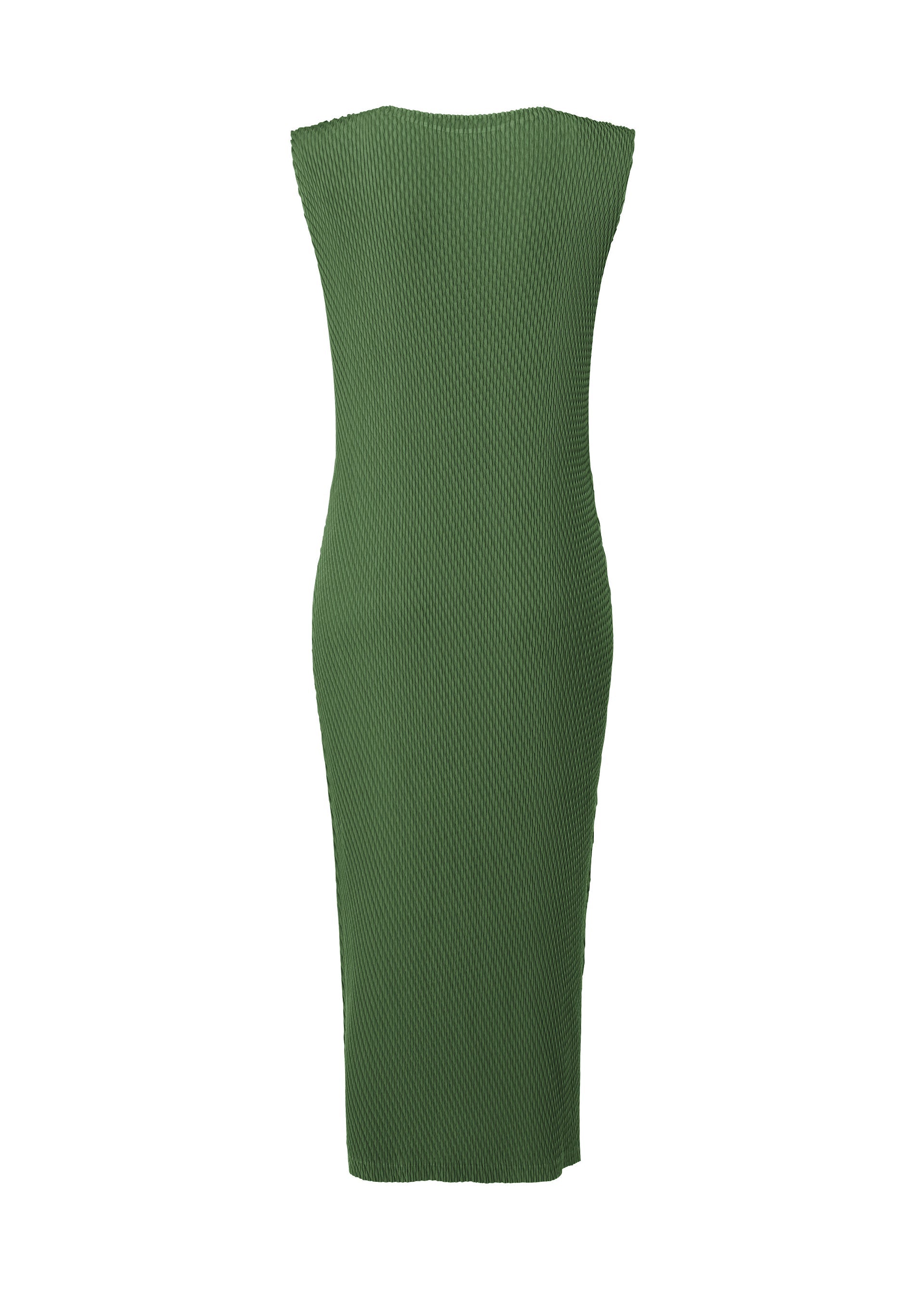 Zoomed view The RHOMBUS PLEATS dress by ISSEY MIYAKE is a fitted, knee-length green piece with a round neck and sleeveless design. Its sleek silhouette and ribbed texture are showcased from the back against a white background.
