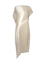 The HANDS OF LOVER PLEATS dress by ISSEY MIYAKE features a beige, asymmetrical silhouette with short sleeves, highlighted by its diagonal ribbed texture and distinctive draped design. Expertly crafted from polyester crepe de chine and finished with advanced inkjet printing to create its unique pattern, the dress is displayed on a plain white background. - BEIGE-HUED （no.46）