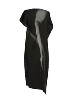 The HANDS OF LOVER PLEATS dress by ISSEY MIYAKE is a black, pleated asymmetrical piece made from polyester crepe de chine. It showcases an original abstract pattern in white and gray on the front, achieved through inkjet printing, and is photographed against a plain white background.