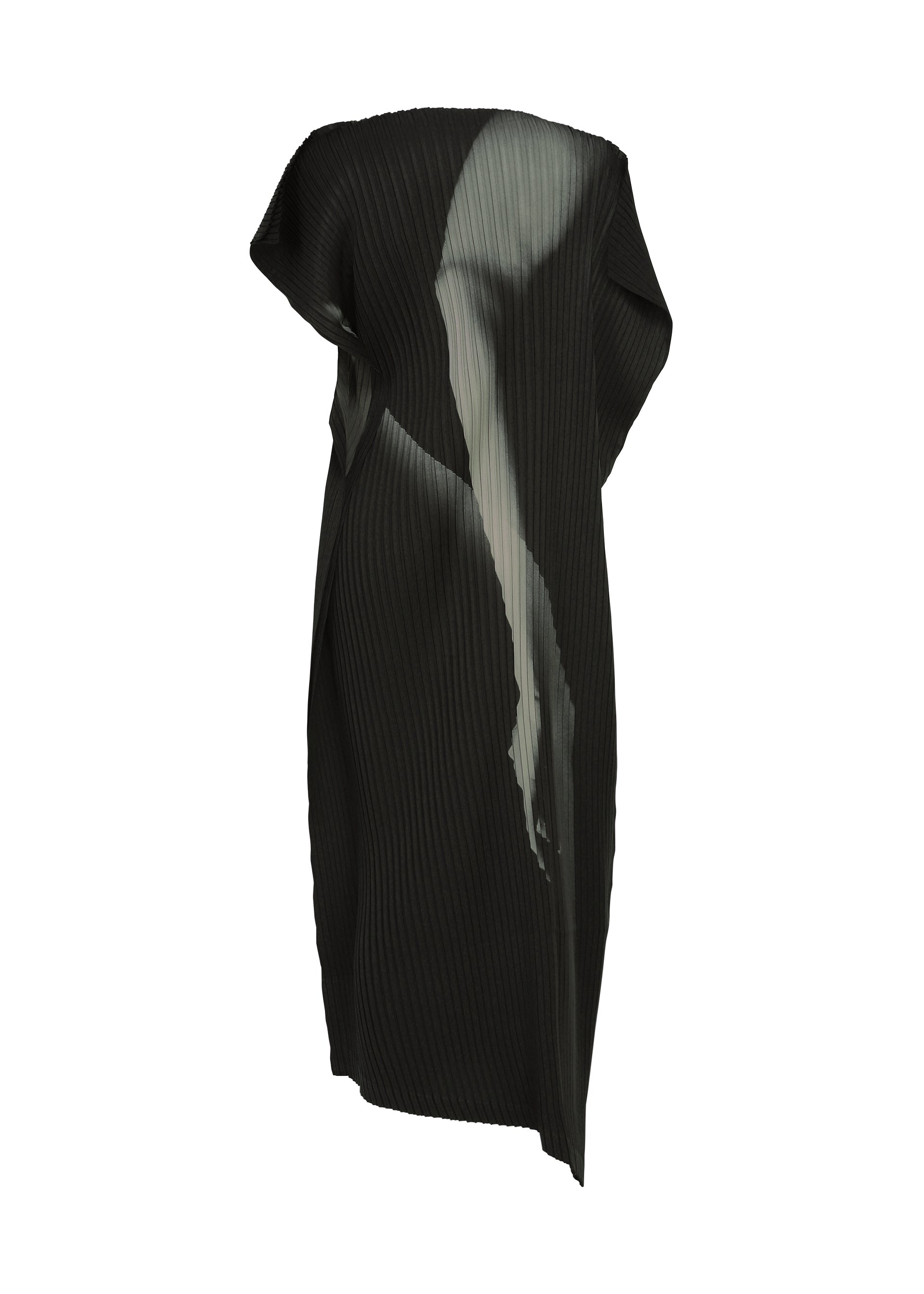 Zoomed view The HANDS OF LOVER PLEATS dress by ISSEY MIYAKE is a black, pleated asymmetrical piece made from polyester crepe de chine. It showcases an original abstract pattern in white and gray on the front, achieved through inkjet printing, and is photographed against a plain white background.