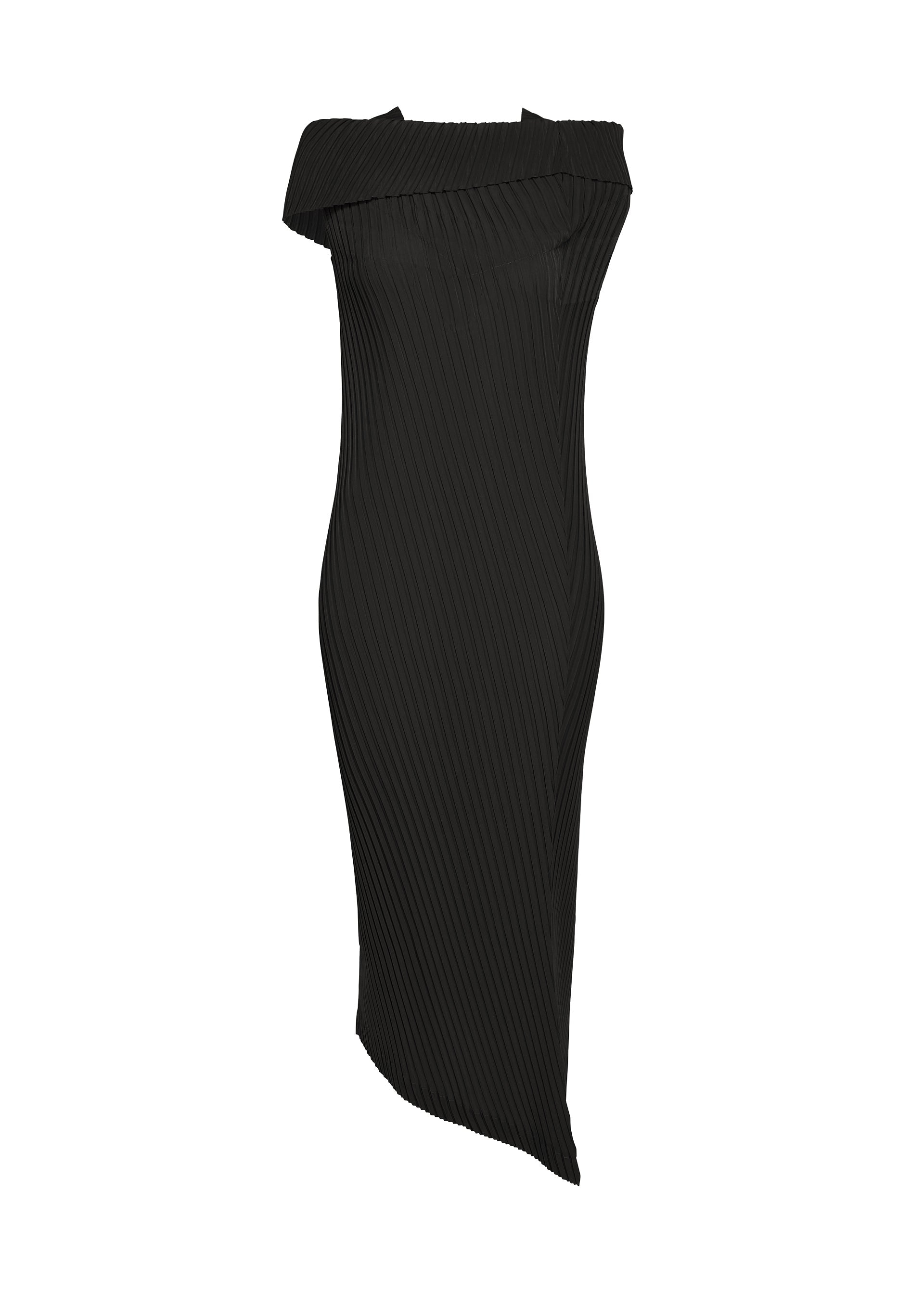 Zoomed view The TUBULAR PLEATS dress by ISSEY MIYAKE is a black, off-the-shoulder, knee-length piece featuring unique diagonal box pleats and an asymmetrical hem, crafted from soft polyester crepe de chine and shown against a white background. - BLACK （no.15）