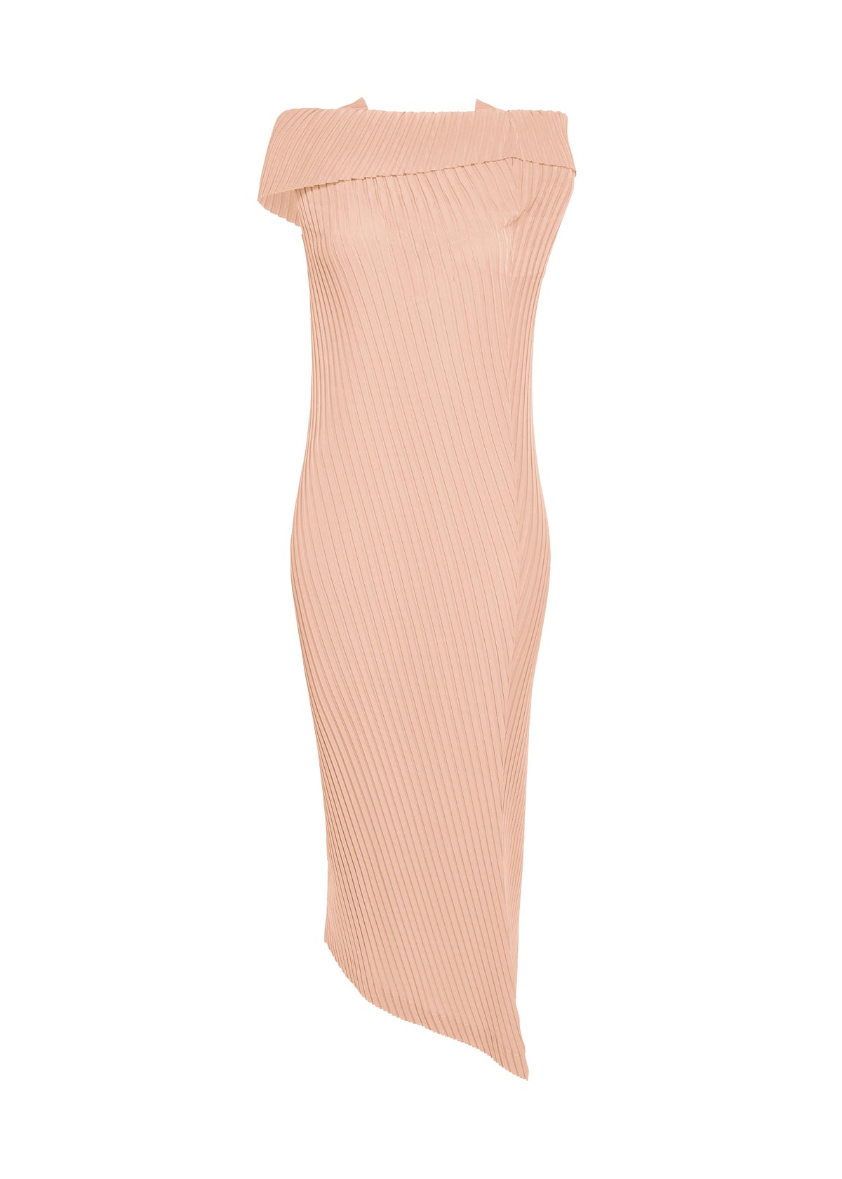 The TUBULAR PLEATS dress by ISSEY MIYAKE is a beige, off-the-shoulder ribbed knit design featuring a folded neckline, asymmetrical hem, and subtle box pleats for added texture, shown against a white background. view 2 of 4