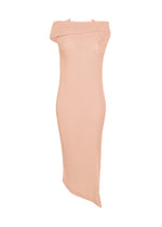 The TUBULAR PLEATS dress by ISSEY MIYAKE is a beige, off-the-shoulder ribbed knit design featuring a folded neckline, asymmetrical hem, and subtle box pleats for added texture, shown against a white background. - LIGHT PINK （no.21）