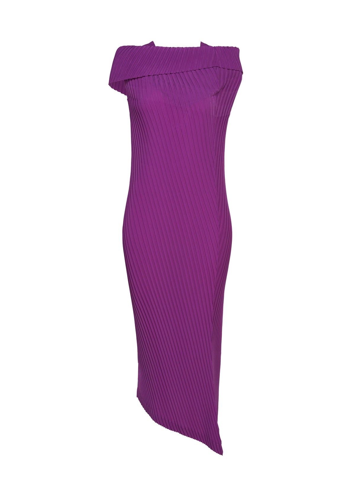 Introducing TUBULAR PLEATS by ISSEY MIYAKE: a sophisticated knee-length dress in rich purple, featuring an off-shoulder silhouette with diagonal box pleats and an asymmetrical hem, all expertly crafted from soft polyester crepe de chine. view 3 of 4